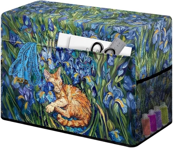 Iris Flower Orange Cat Pattern Sewing Machine Cover Heavy-Duty Dust & Pet Hair Protection with Storage Pocket, Fits Brother, Singer, Janome Machine (Green)
