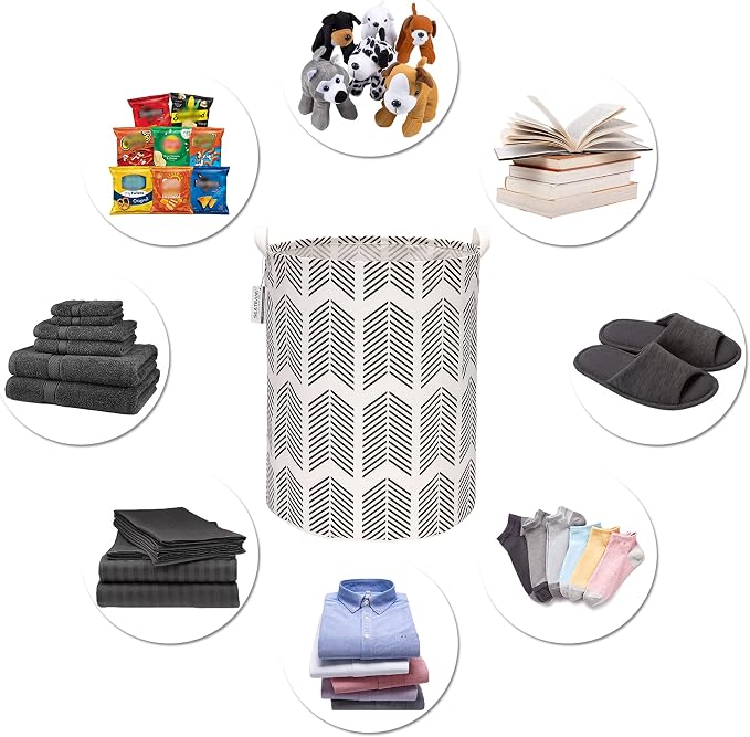 Sea Team Large Canvas Laundry Basket with Handles, Black Fishbones | Collapsible Fabric Laundry Hamper, Closet Shelf Organizers, Containers for Clothing, Blankets, Toys, Bedding, 19.7 x 15.7”