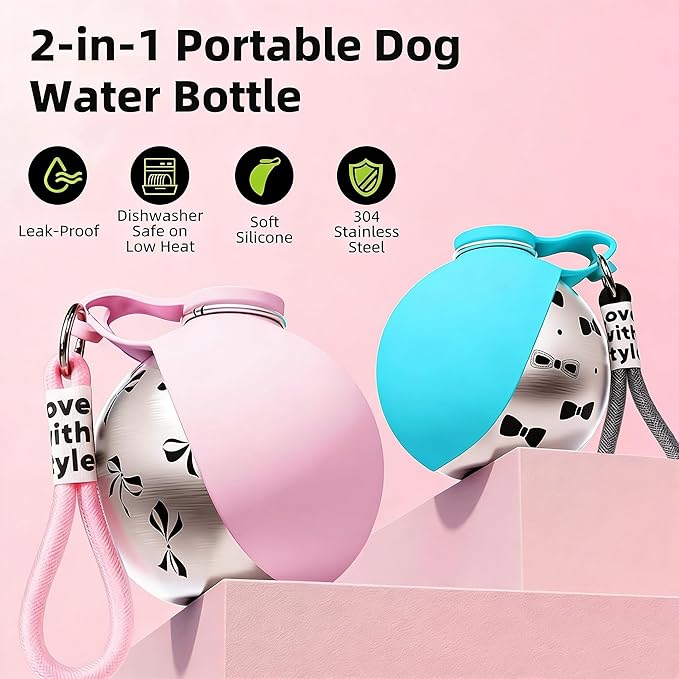 2 In 1 Portable Dog Water Bottle with Foldable Silicone Bowl, 10 Oz Travel Water Bottle for Dogs Drinking, Leakproof Stainless Steel Pet Water Bowl for Outdoor Walking Hiking Camping (Pink with Print)