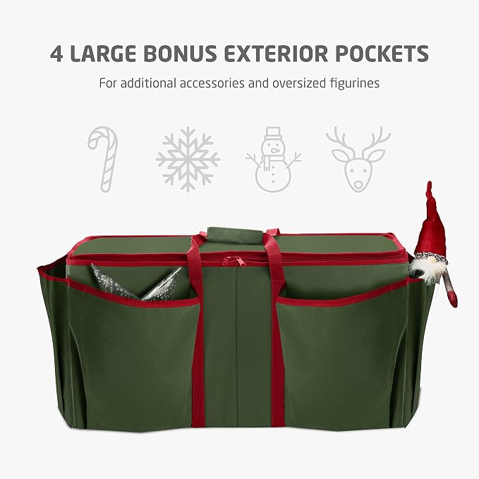 ZOBER Large Christmas Ornament Storage Box - Stores 80 3" Ornaments, With Dividers - With Large Compartment for Figurines, and Accessories, Durable Christmas Containers Holder, 4 Extra Pockets - Green