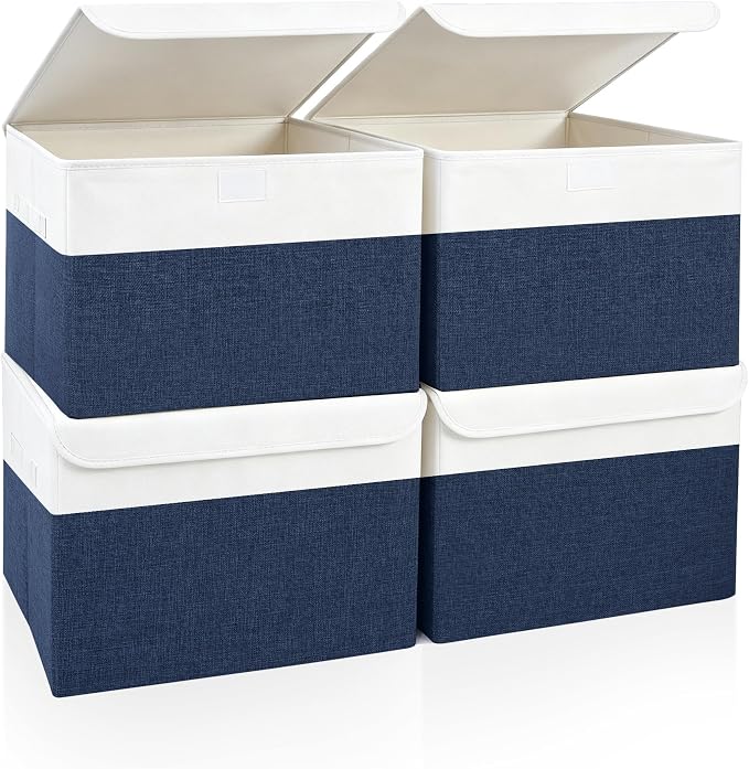 Large 22 Quart Linen Fabric Foldable Storage Bin Cube Organizer Basket with Flip-Top Lid & Handles, Clothes Blanket Box for Home, Office, Closet, Navy Blue & White, 4 Pack 14.6 x 9.5 x 9.5