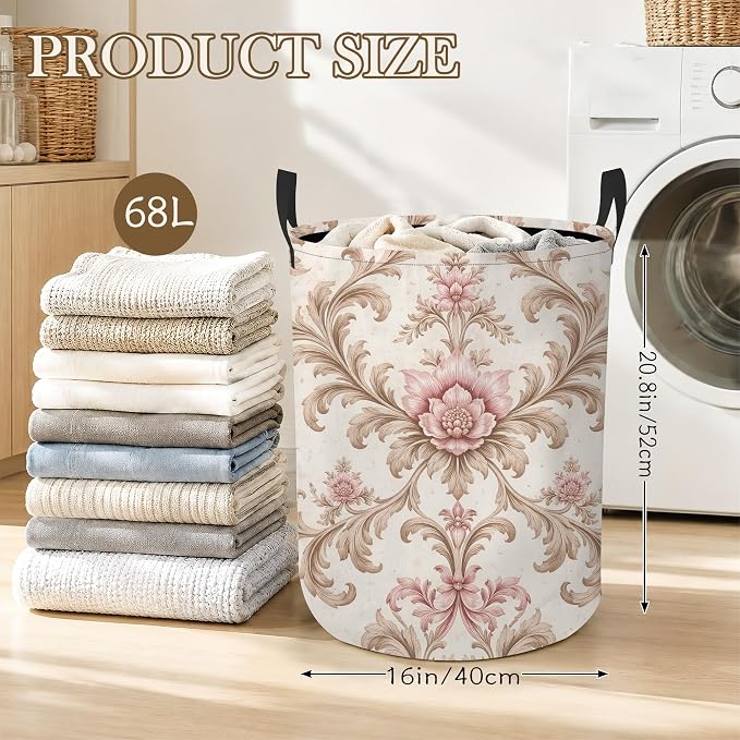 Vintage Floral Laundry Basket, Damask Leaves Collapsible Laundry Hamper Waterproof Oxford Cloth With Handles, Clothes Storage Bucket For Bathroom/Bedroom 16" x 20.8"