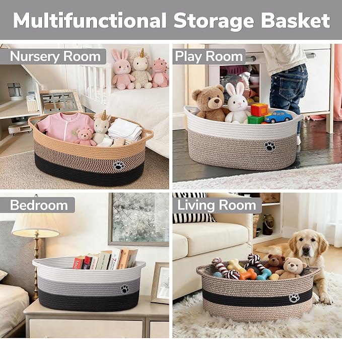 30L Large Woven Rope Dog Toy Basket with Paw Print, Mixed Grey | 19.7" x 11" x 7.9" Dog Toy Bin & Box with Handles, Storage Basket for Blankets Towels, Fits Living Room Nursery Bedroom