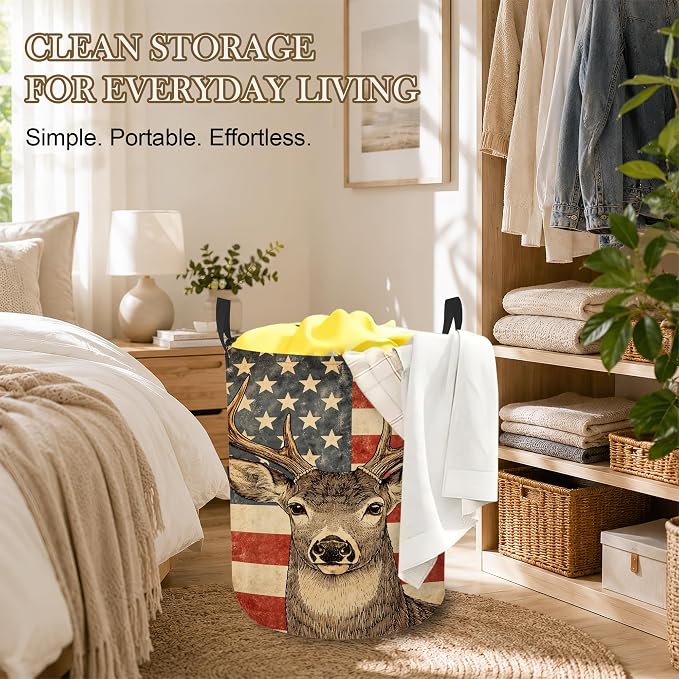 Retro Deer Laundry Hamper, American Flag Laundry Baskets, Waterproof Oxford Cloth for Room/Bathroom/Bedroom/Dormitories 16x20.8 Inch