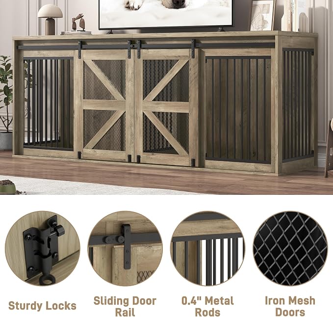 jiteentarou87In Farmhouse Dog Crate TV Stand, Wooden Dog Kennel Furniture with Sliding Metal Mesh Barn Door, Large Dog Crate Furniture for 2 Dogs, Solid Metal Tube & 2 Lockable Doors, Light Grey