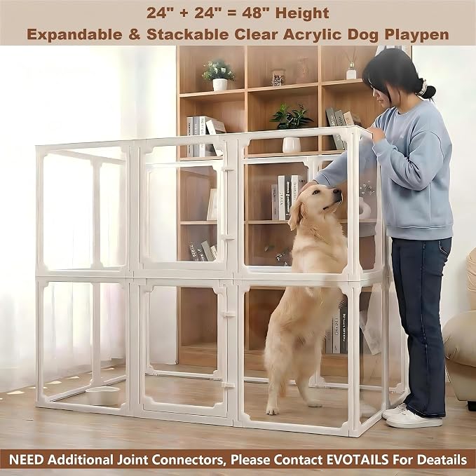FlexiSpace Adjustable Clear Dog Play Pen, Expandable & Stackable Acrylic Dog Playpen, ONLY Dog Play Pen Indoors Grow with Your Pet Puppy Playpen (White, 34", 10 Panels)
