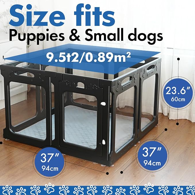 Clear Acrylic Indoor Dog Playpen, 24" H, 8 Panels, Black | Open View, Modern Home, No Climbing Bars, Tool-Free Setup, For Puppies & Small Dogs