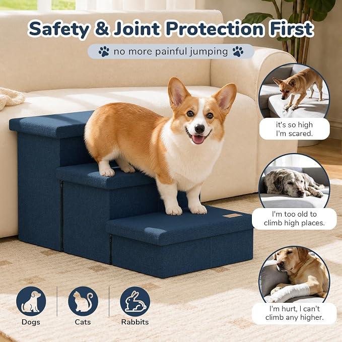 3-Step Wide Dog Stairs with Hidden Storage 18" H, Non-Slip Dog Steps for High Bed Couch Window Car, Jiont-Friendly Pet Stairs Ramp for Small/Medium/Large Old Dogs Cats Up to 220lbs, Navy