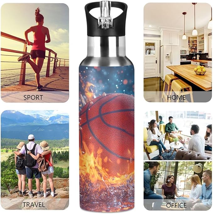 Basketball Ball Fire Water Bottle with Straw Lid Kids Insulated Stainless Steel Water Flask Sports, 20 Oz Hot Cold