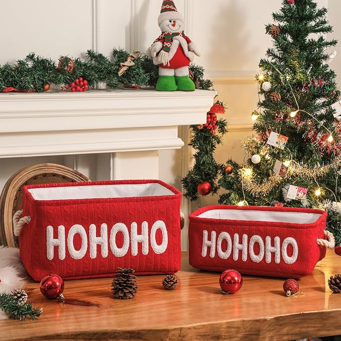 Empty Christmas Gift Basket, Red Small Storage Basket with Handle, Holiday Basket for Toys, Baby Items, Treats and Home Christmas Decorations, Perfect for Gift Giving and Display