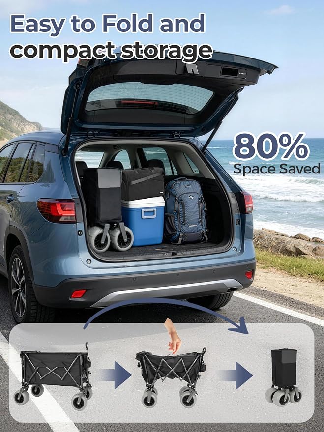 Heavy Duty Beach Wagon with 58" Expandable Tailgate, 300L, for Sand | 500 lbs Capacity, 9"x4" All-Terrain PU Wheels with Brakes, Quick Fold Utility Wagon for Camping, Sports & Grocery