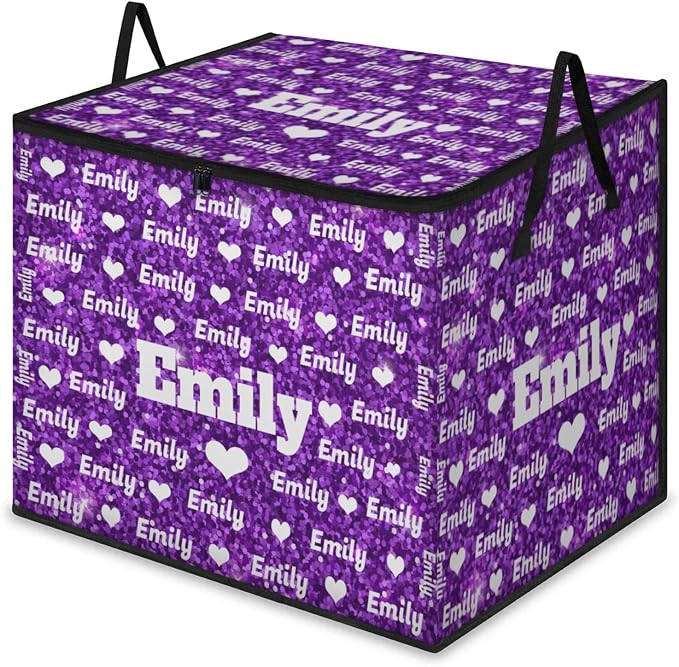 Personalized Extra Storage Bins with Lid, Customized Name Jumbo Storage Basket Rectangle Clothes Organizer for Organizing Kids and Pets Toys Shelf Closet, Love Heart Pattern Purple Sequins