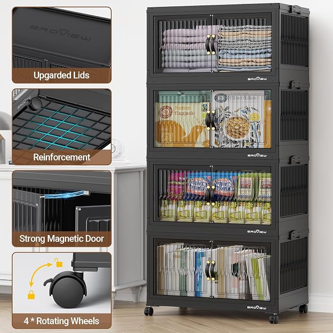 BROVIEW 480Qt Stackable Storage Bins with Lid for Home Dorm, 4Pack Black | Closet Organizers, Foldable & Collapsible Cabinets, Large Containers, Wheels & Magnetic Doors, Plastic Drawers for School