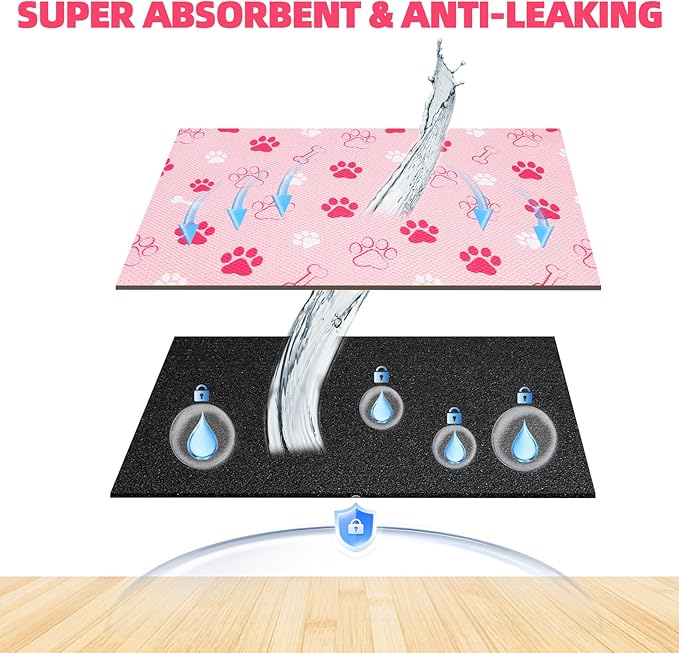 PUPTECK Dog Food Mat, Absorbent Pet Cat Feeding Mat for Food and Water Bowls, Anti-Slip Dog Placemat for Floors Waterproof, Pet Supplies Accessories, Pink M