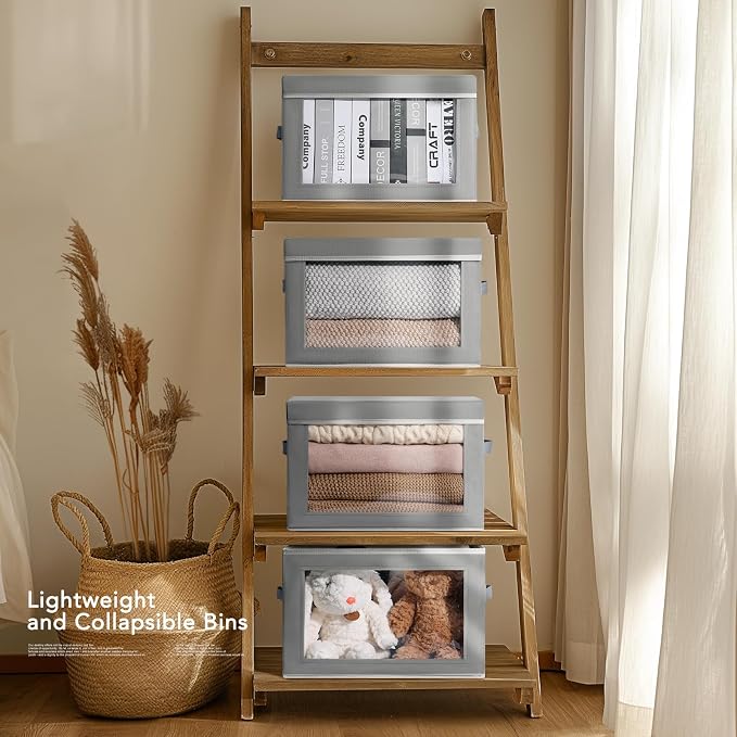 Large Storage Bins with Lids - Stackable Cube Bins for Closet, 5 Pack Clear Windows Fabric Organizer Bins, Home Organizers and Storage for Clothes, CD, Towels, Grey