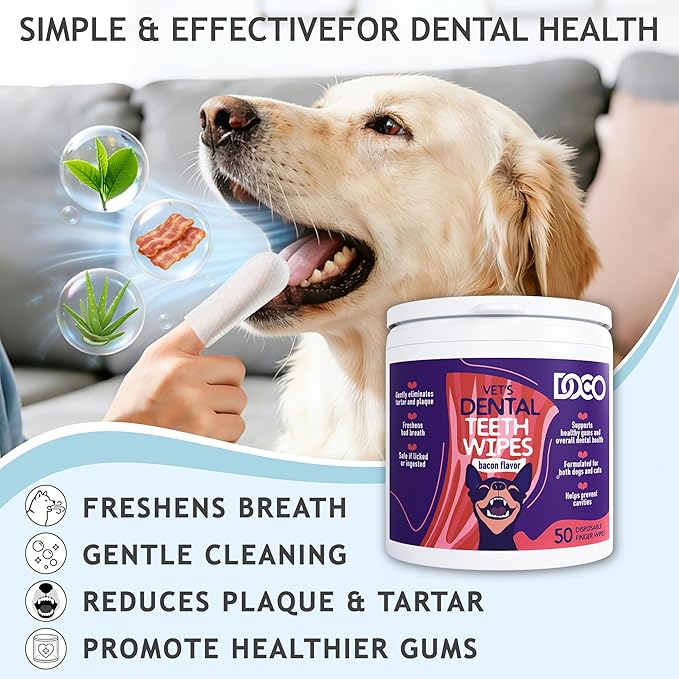 DOCO Pet Dog Teeth Cleaning Wipes – Deodorizing Finger Wipes for Dogs & Cats | Helps Reduce Plaque & Tartar Buildup, Supports Fresh Breath, No Rinse (Bacon, 100 Count)