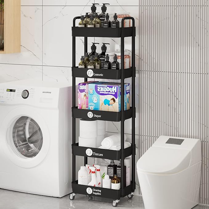 Laiensia Multifunction Utility Rolling Cart, 5-Tier Plastic & Metal Storage Organizer, Black, Lockable Wheels, Modern Style, Indoor Use