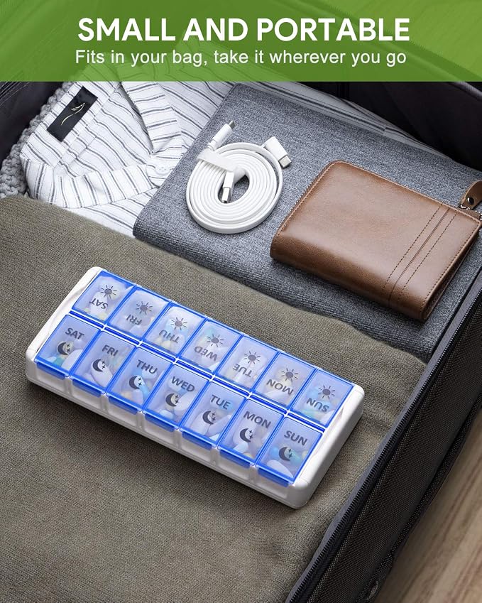 Weekly Pill Organizer 7 Day 2 Times a Day Extra Large, Quick Fill 2020 Fullicon AM PM XL Daily Pill Cases Pill Box with Detachable Base - White/Blue (Patent Registered) (Pack of 2)