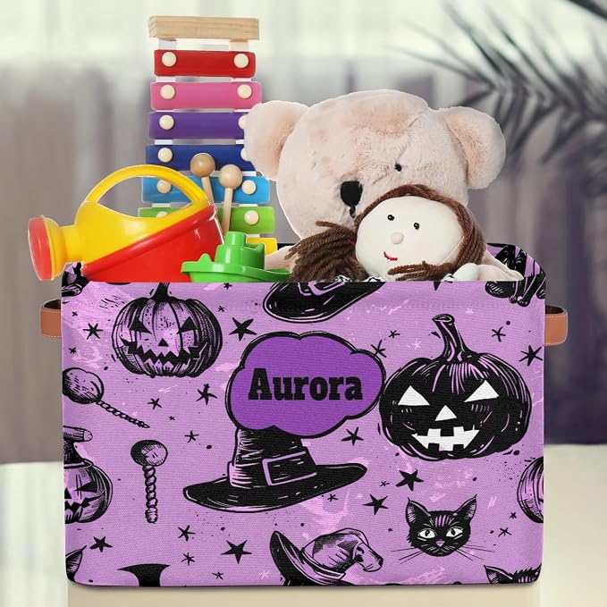 Personalized Name Storage Basket Handles for Girls, Canvas Storage Bins Toys Clothes Organizer for Bedroom, Kitchen, Bathroom, Nursery, Shelves, Closets, Hand Drawn Pumpkin Cat Witch Hat Purple
