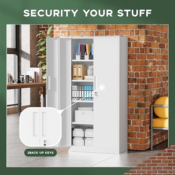 Greenvelly Metal Storage Cabinet, 72" Locking Metal Garage Storage Cabinet with Doors and 4 Adjustable Shelves, White Lockable Steel Cabinet for Home Office, Garage, Shop, School (32" W x 16" D)