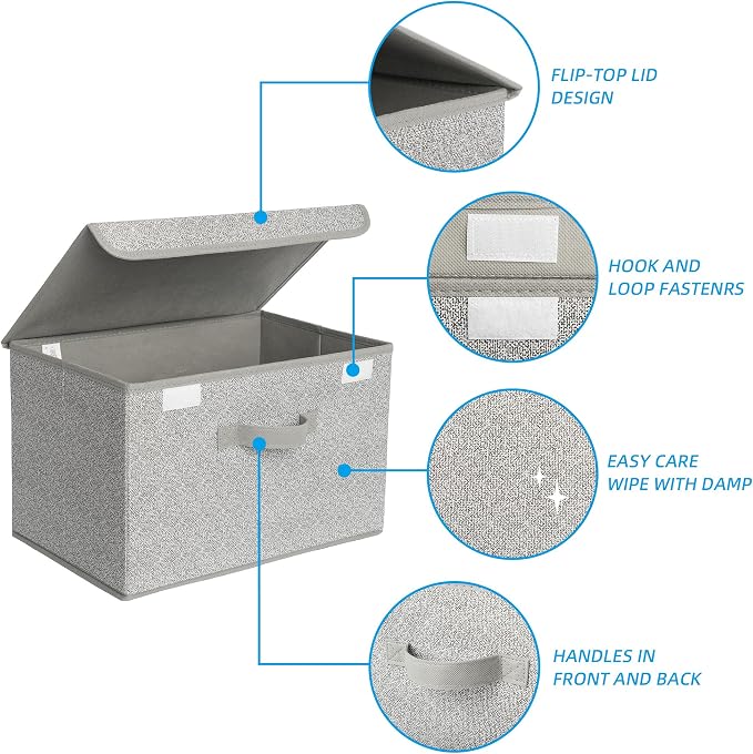 GRANNY SAYS Storage Baskets with Lids, Clothes Storage Boxes, Fabric Storage Bins, Keepsake Box, Closet Organizers and Storage, Gray, 2-Pack | Flip-Top Lid, Collapsible, Stackable, 3 Handles, Ideal for Closet Clothes Blanket Toys, Large, Gray, 2-Pack