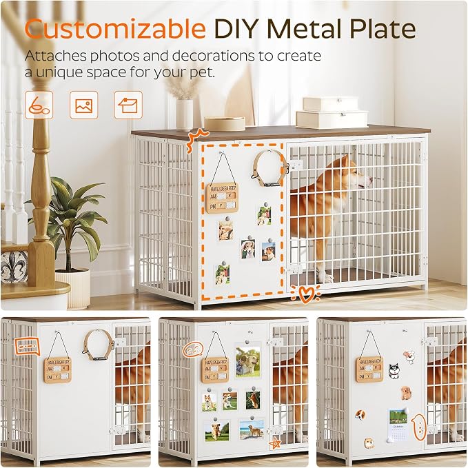YATINEY Foldable Dog Crate Furniture, 47.2" Dog Crate with DIY Frame, Heavy Duty Dog Kennel Indoor with Hooks, Wooden Dog Cage End Table, for Small/Medium/Large Dogs, White DC120WH