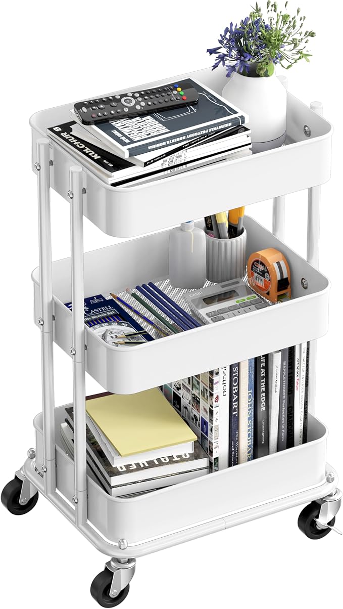 Simple Houseware 3-Tier Utility Cart, Low 24" Height Fits Under Desk, White | Compact & Lower Height Great for Under-Desk Space-Saving Storage for Home Office, Dining Room, or Kitchen