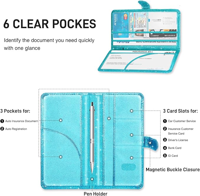 Car Registration and Insurance Card Holder, Document Holder for Cards, Driver Vehicle License Document Glove Box Compartment Organizer, Car Essentials For Women