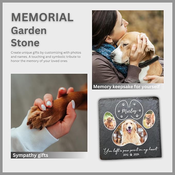 Wrappiness Pet Memorial Stone - You Left A Paw Print On My Heart, Personalized Dog Memorial Gifts, Remembrance Condolences Bereavement Gifts for Loss of Pet Custom Photo (Square 03, Stone)