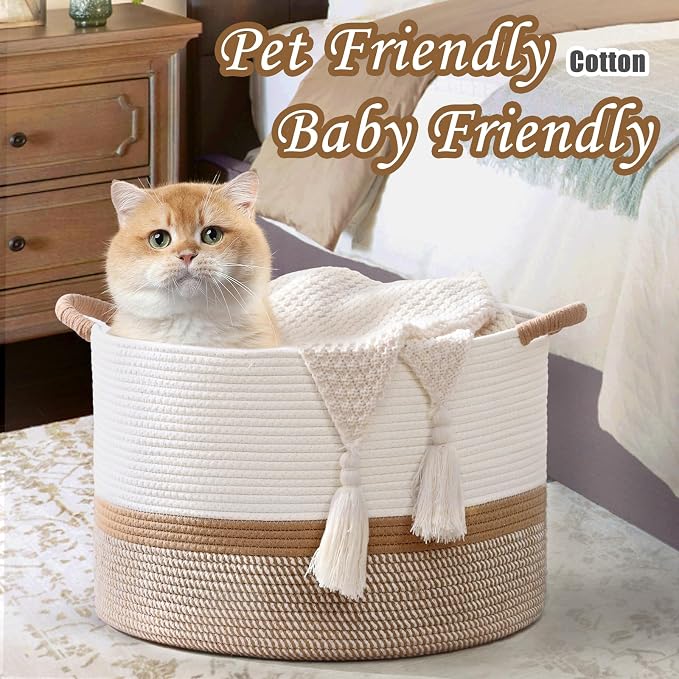 45L Blanket Basket, 17.5"x11.5" Woven Storage Baskets With Handle, Cotton Rope Blanket Basket Living Room, Baby Laundry Basket for Blanket, Nursery, Toy, Pillow (White & Brown)
