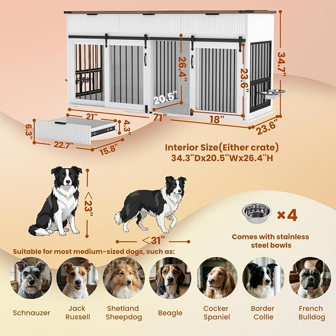 71" Large Dog Crate TV Stand with 3 Fluted Drawers, Furniture Style Wooden Double Dog Crate Furniture with Power Outlet and Rotating Feeders, Dogs Cage for Small Medium Large Dogs, White
