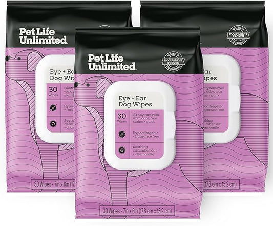 Pet Life Unlimited Dog Eye & Ear Wipes, 30 Count, Hypoallergenic, Fragrance-Free, Plant-Based Cleaning & Grooming Wipes with Aloe & Chamomile, Gently Remove Dirt & Wax, Soothes Skin (Pack of 4)