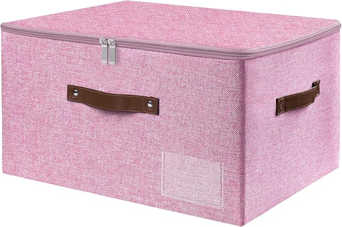 ANMINY Storage Box Fabric Bins with Zipper Lid, 17.7"x13.8"x10" Pink | Keepsake Box, Decorative, Cotton Linen, Reinforced PP Board Frame, Washable, Stackable & Foldable, Label Holder & PU Handles