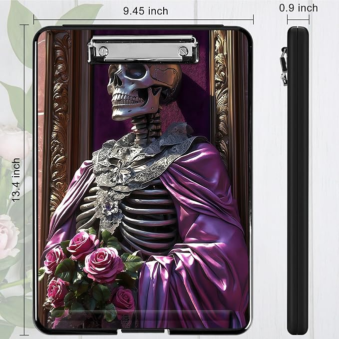Heavy Duty Storage Clipboard, Slim Nursing Clipboard with Internal Pen Case, Portable File Organizer Case for A4 Letter Size Paper Office Medical Professionals, Purple Clothes Skull