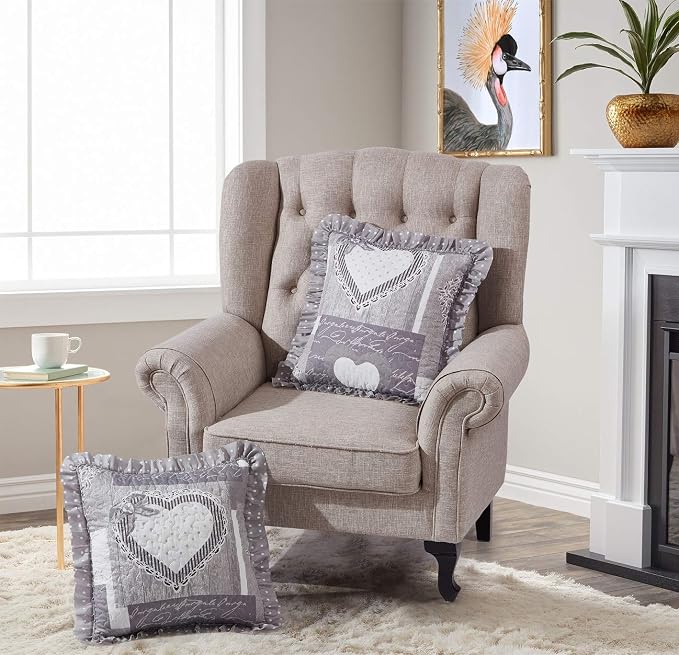 Brilliant Sunshine Grey Heartlove Ruffle Pillowshams Set, 18"x18" | Patchwork Design with Ruffles, Quilted Pillow Covers Set, Washable Throw Cushion Cases for Couchs and Beds, Pack of 2