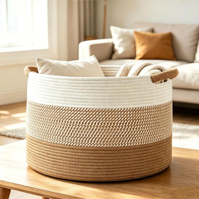 Large Cotton Rope Storage Basket, 70L Collapsible Woven Storage Bin Woven Blanket Basket with Handles Decorative Storage Bin for Living Room Bed Room Toys Laundry