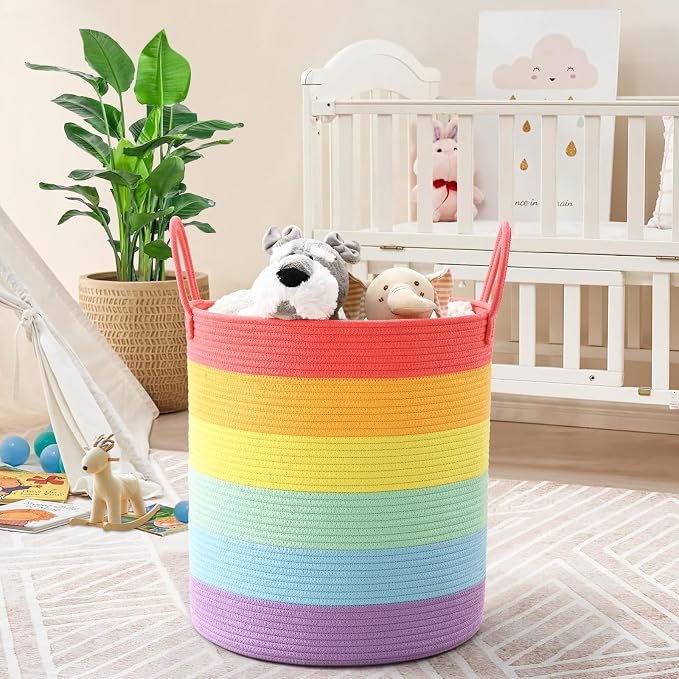 Laundry Hamper for Organizing, 52L Large Laundry Baskets, Cotton Rope Woven Blanket Basket, Collapsible Laundry Hamper for Living Room, Nursery, 15"×18", Rainbow