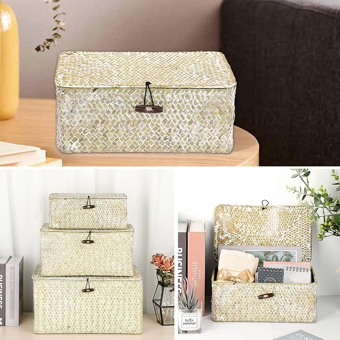 Hipiwe Small Woven Wicker Shelf Basket Bin with Lid Natural Seagrass Basket | Basket Storage Boxes for Shelf, Multipurpose Home Organizer Bins for Closet Bedroom Living Room Home Decor, Whitewash
