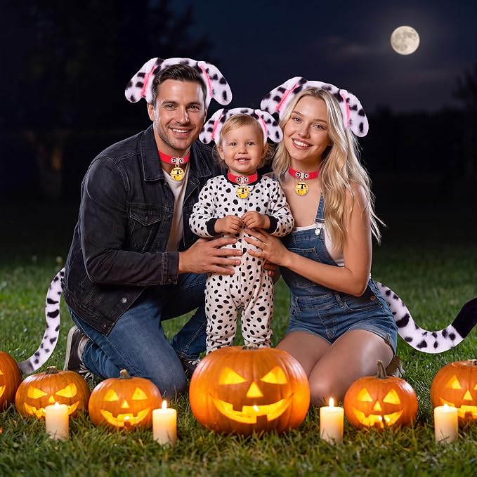 Adult Spotted Dog Costume Set Floppy Ear Puppy Cosplay Kit for Halloween | Dalmatian Puppy Accessory Kit with Floppy Ear Headband Bell Collar & Fluffy Tail Adult Animal Costume for Theme Party