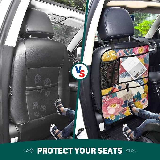 2 Pack Back Seat Car Organizer with Storage Pockets Kick Mats Back Seat Protector Hanging Car Organizer Automotive Seat Back Cover Organizers Garden Flowers Hedgehogs Colorful