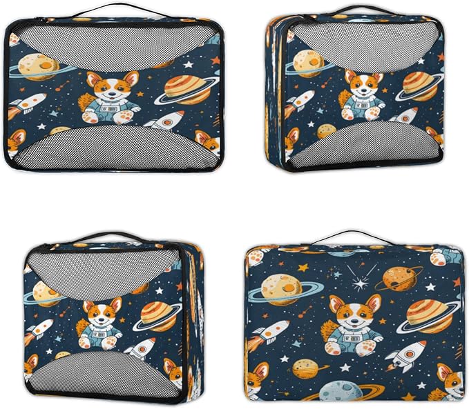 Packing Cubes for Travel, Solar System Planets Travel Luggage Packing Organizers for Women Men, Large Custom Toiletries Bag for Cosmetics Toiletries, Corgi Dogs
