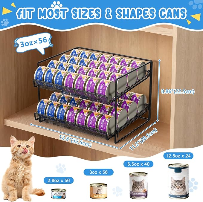 Cat Food Can Organizer 2-Tier Can Organizer for Pantry 56 Cans 3.5oz | Black metal 2-tier cat food can organizer,Holds 56 cans 3.5oz,Adjustable pantry countertop storage for kitchen cabinet