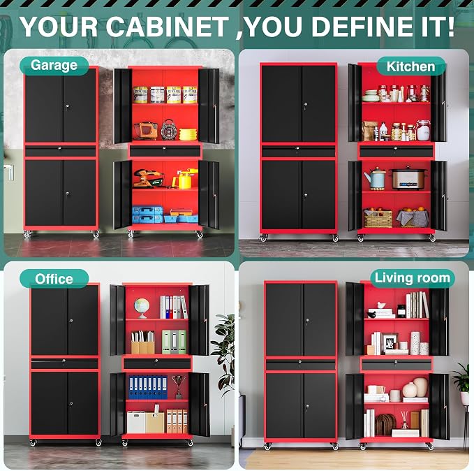 Metal Storage Cabinet with Wheels and Drawer,Rolling Garage Storage Cabinet with Lock,Black Red Metal Cabinets with Wheel,73" Mobile Tall Tool Cabinets on Wheel for Home,Office,Garage,Shop