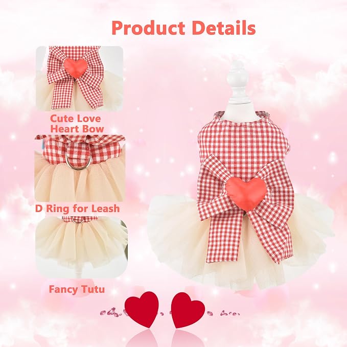 FLAdorepet Dog Dress with Leash Ring,Holiday Dog Clothes Love Heart Tulle Pet Dresses for Small Dogs Girls Party Outfit Puppy Cats Apparel(Red Heart, Large)