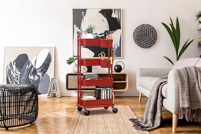 Simple Houseware 4-Tier Rolling Utility Cart with Hanging Bucket, Red | Storage for Bathroom, Kitchen, Office, Study Room, Nursery Diaper