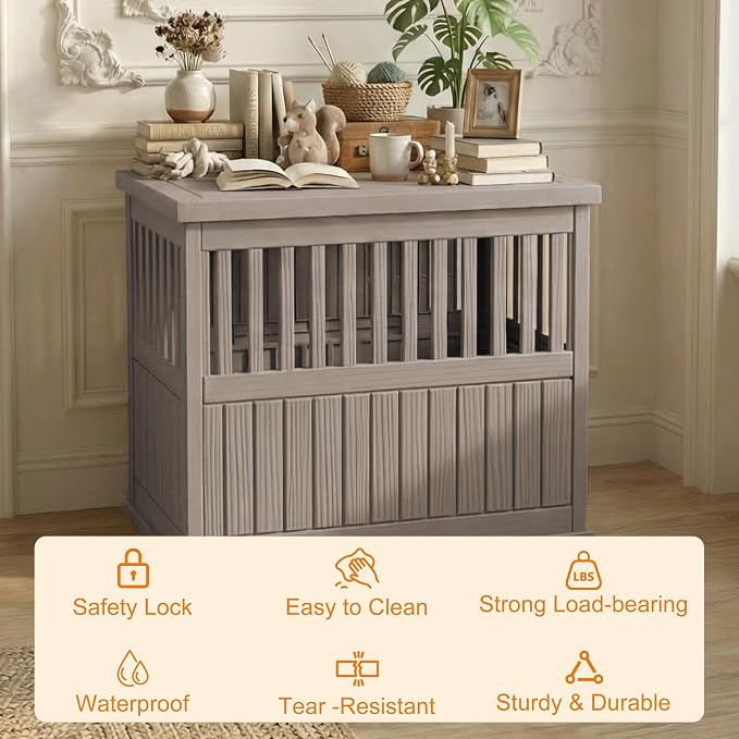 EFU 40 Inch Large Dog Crate Furniture, Indoor Dog Kennel, Puppy Pet House | Resin Pet House End Side Table, Waterproof Puppy Crates Cage for Large Medium Dogs to 70 lb, Grey