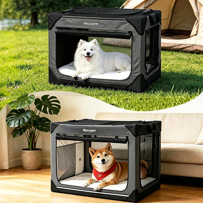 30" L Collapsible Dog Crate for Medium Dogs, Soft Pet Crate with 4-Door Mesh, Portable Dog Kennel for Travelling, Dark Grey