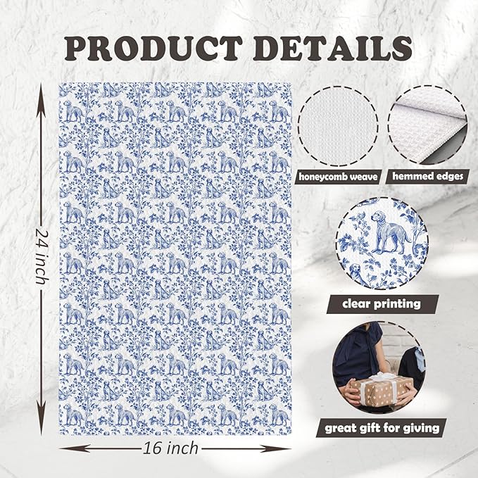 Chicimln Chinoiserie Vizsla Dog Kitchen Towels, Vizsla Gifts Decorative Hand Towels for Bathroom, Blue and White Dog Dish Tea Towel Drying Cloth for Kitchen Decor, 16x24 Inch