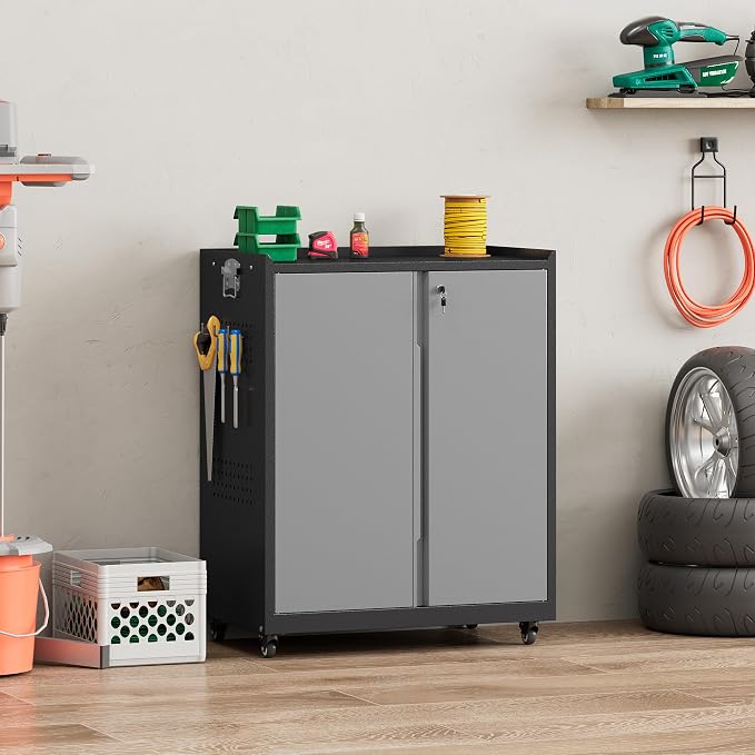 34''H Garage Storage Cabinet, Meatl Storage Cabinet with Lock | Tool Storage Cabinet, Steel Tool Cabinet with Doors and Shelves for Garage, Warehouse, Assembly Required, Gray
