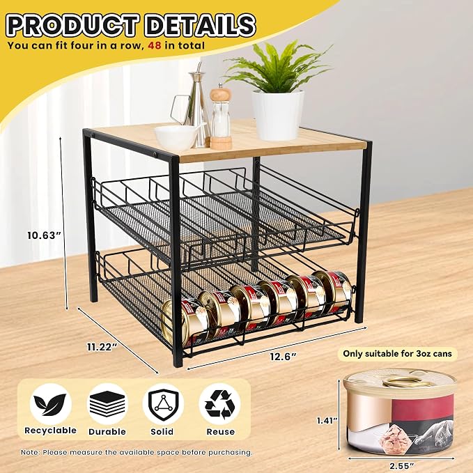 Bamboo & Iron Cat Food Organizer, 2-Tier Stackable Rack Holds 48 Cans 3oz | FIFO auto slide-down,Flat top storage, Organizes pantry & pet food cans